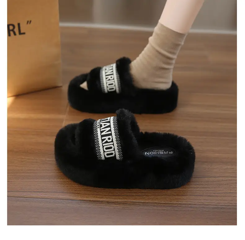 Women Furry Slippers Black Winter Cotton 2025 — feature 9