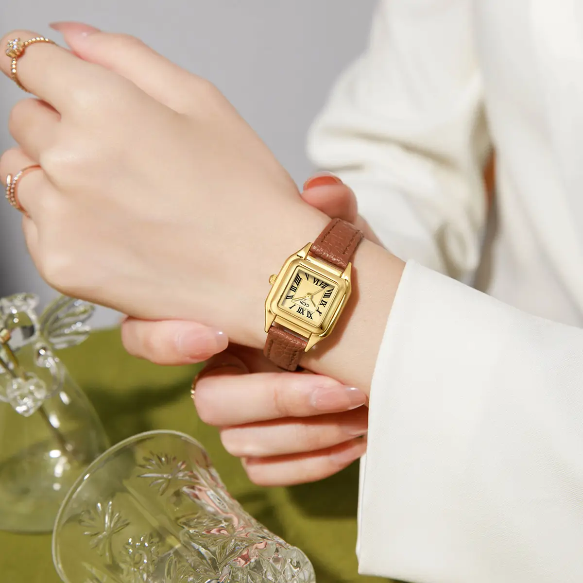 Gold Square Plate Women's Quartz Watch Brown Belt Wrist