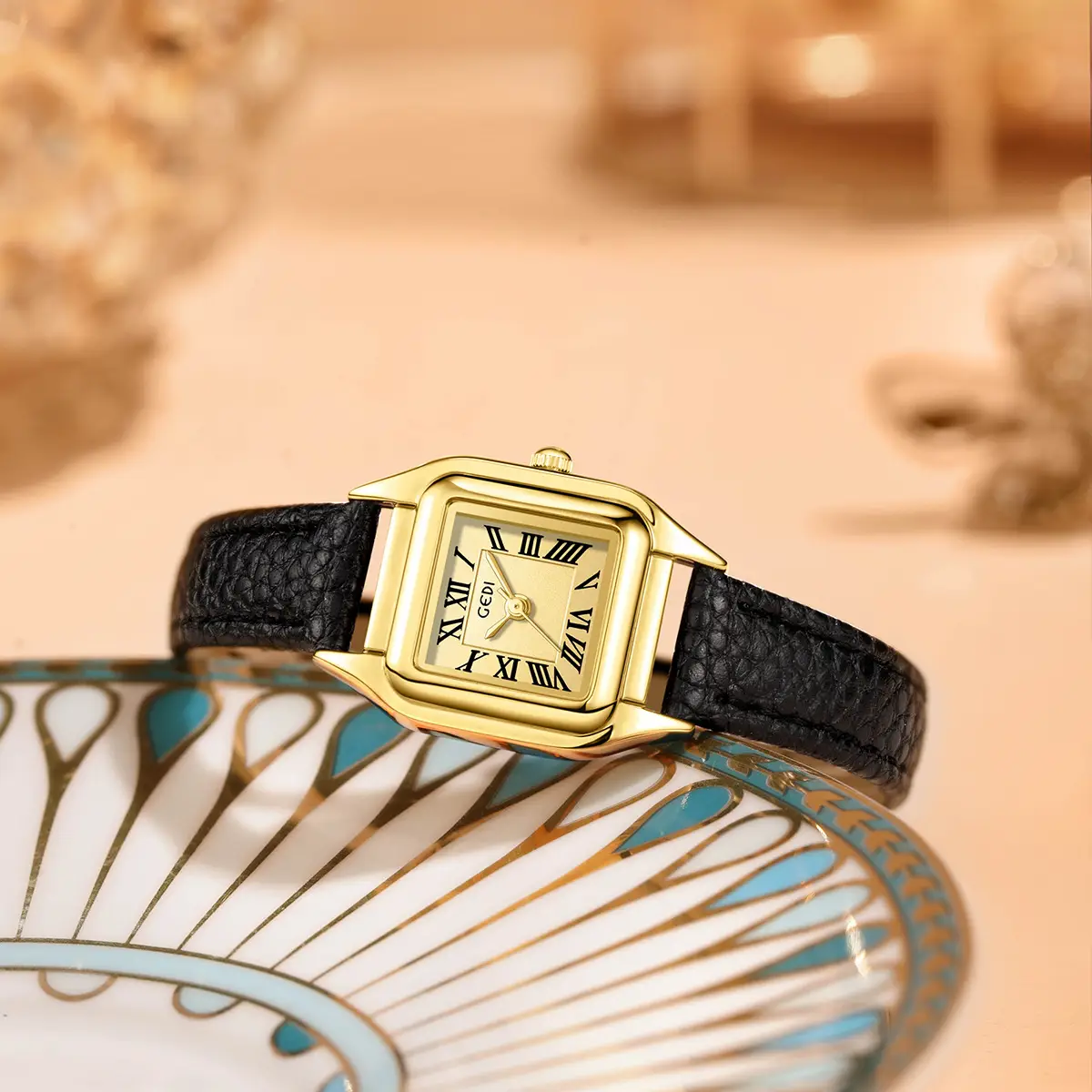 Gold Square Plate Women's Quartz Watch Brown Belt Wrist
