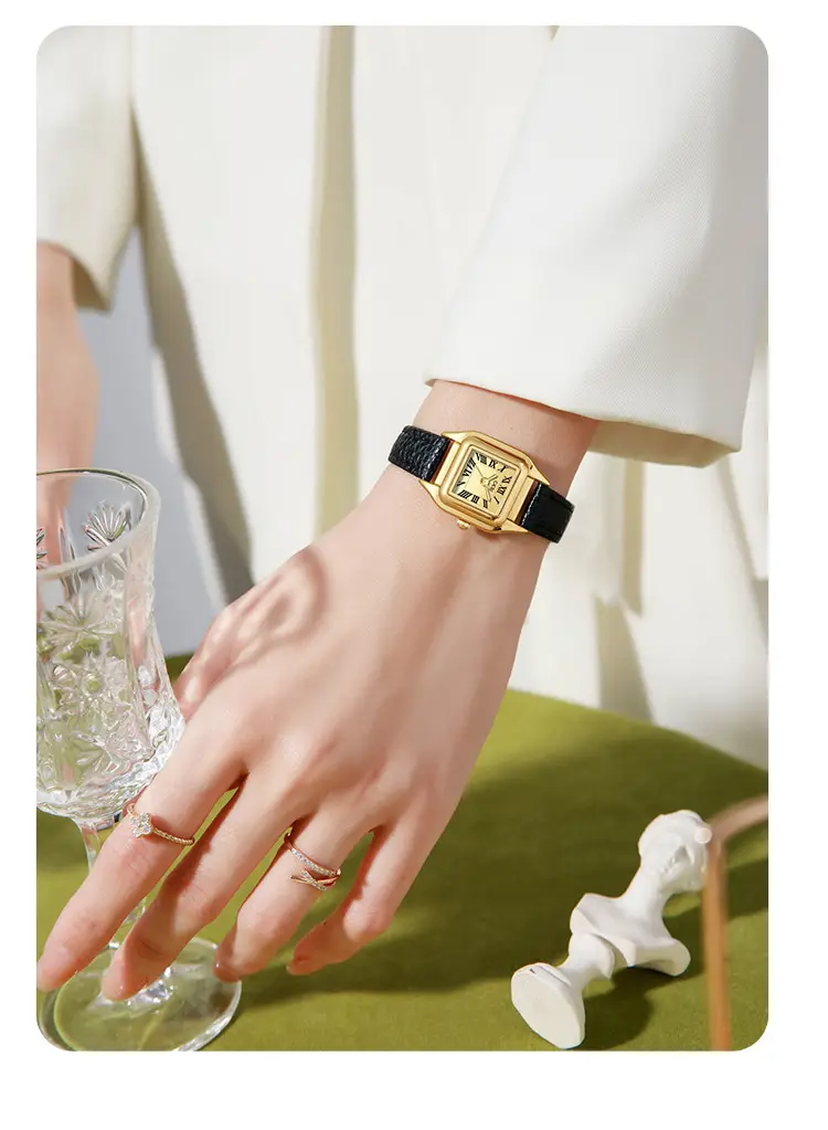 Gold Square Plate Women's Quartz Watch Brown Belt Wrist — feature 12