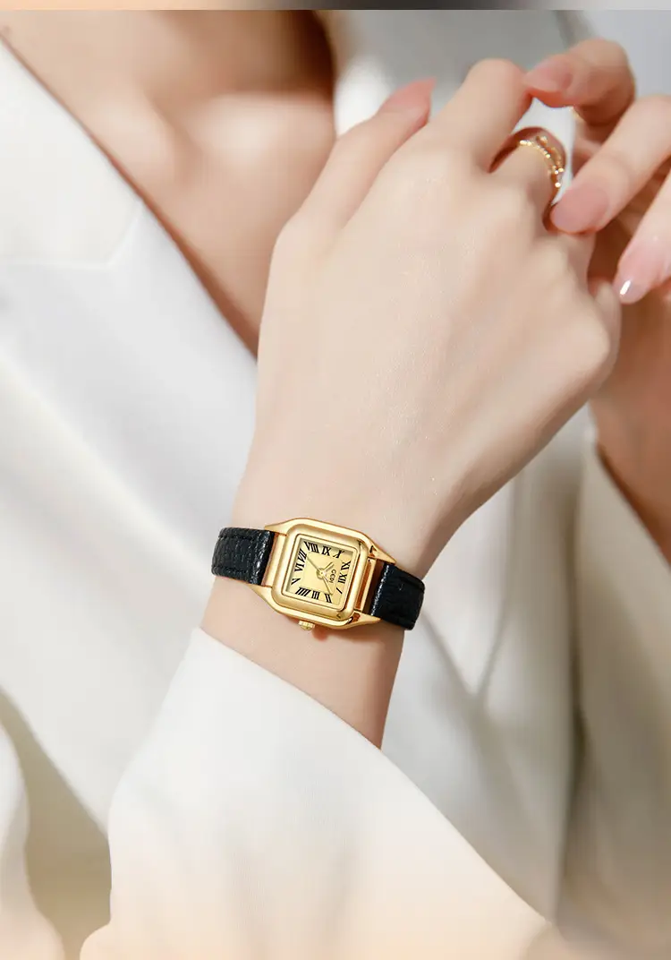 Gold Square Plate Women's Quartz Watch Brown Belt Wrist — feature 3