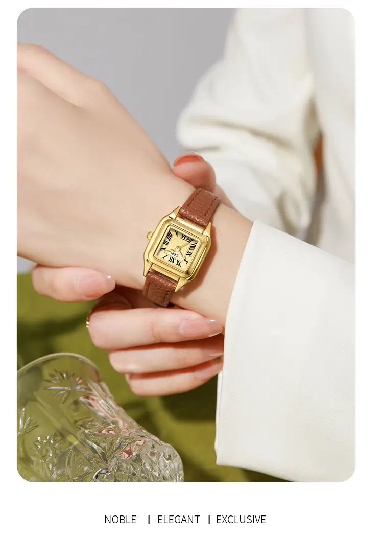 Gold Square Plate Women's Quartz Watch Brown Belt Wrist — feature 9