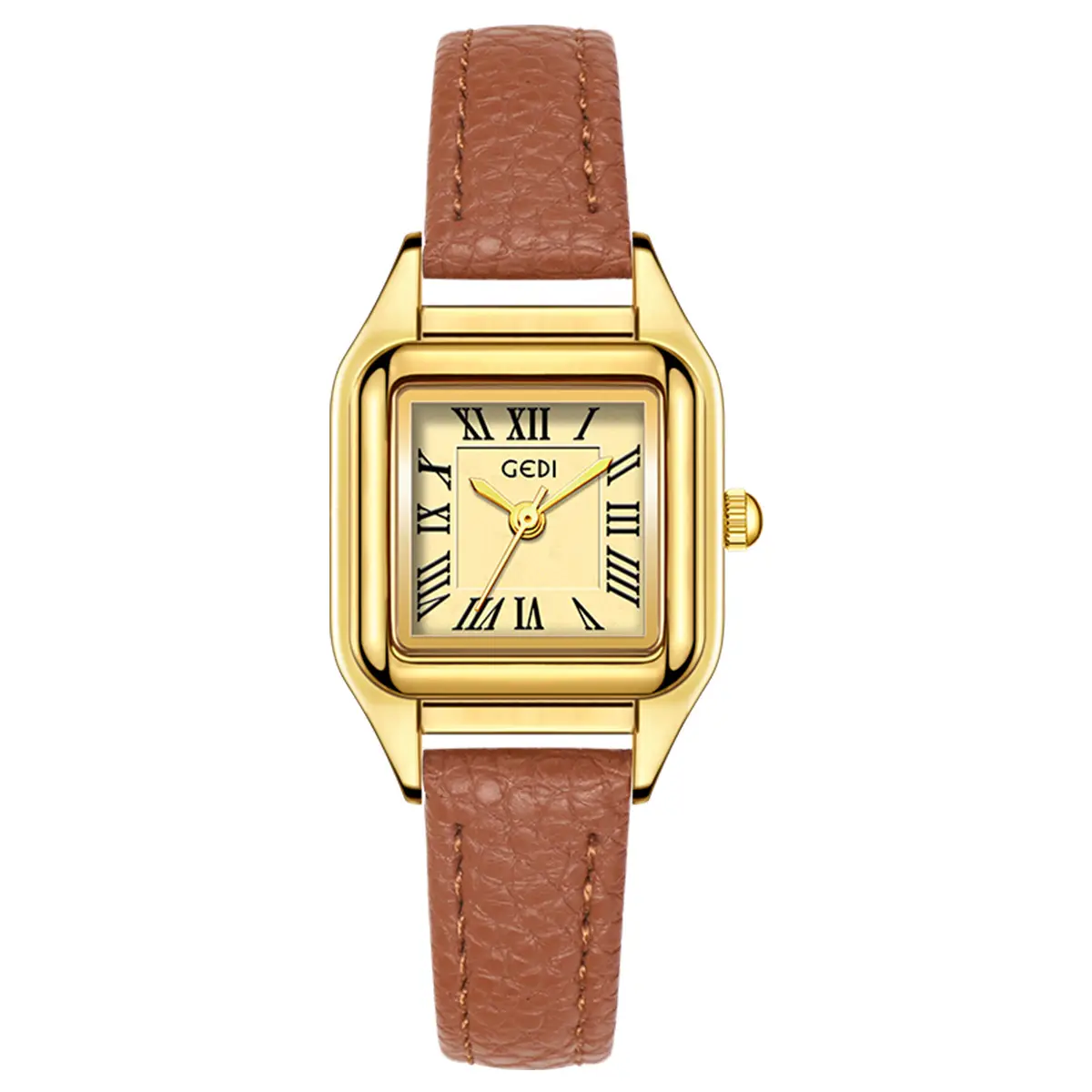Gold Square Plate Women's Quartz Watch Brown Belt Wrist