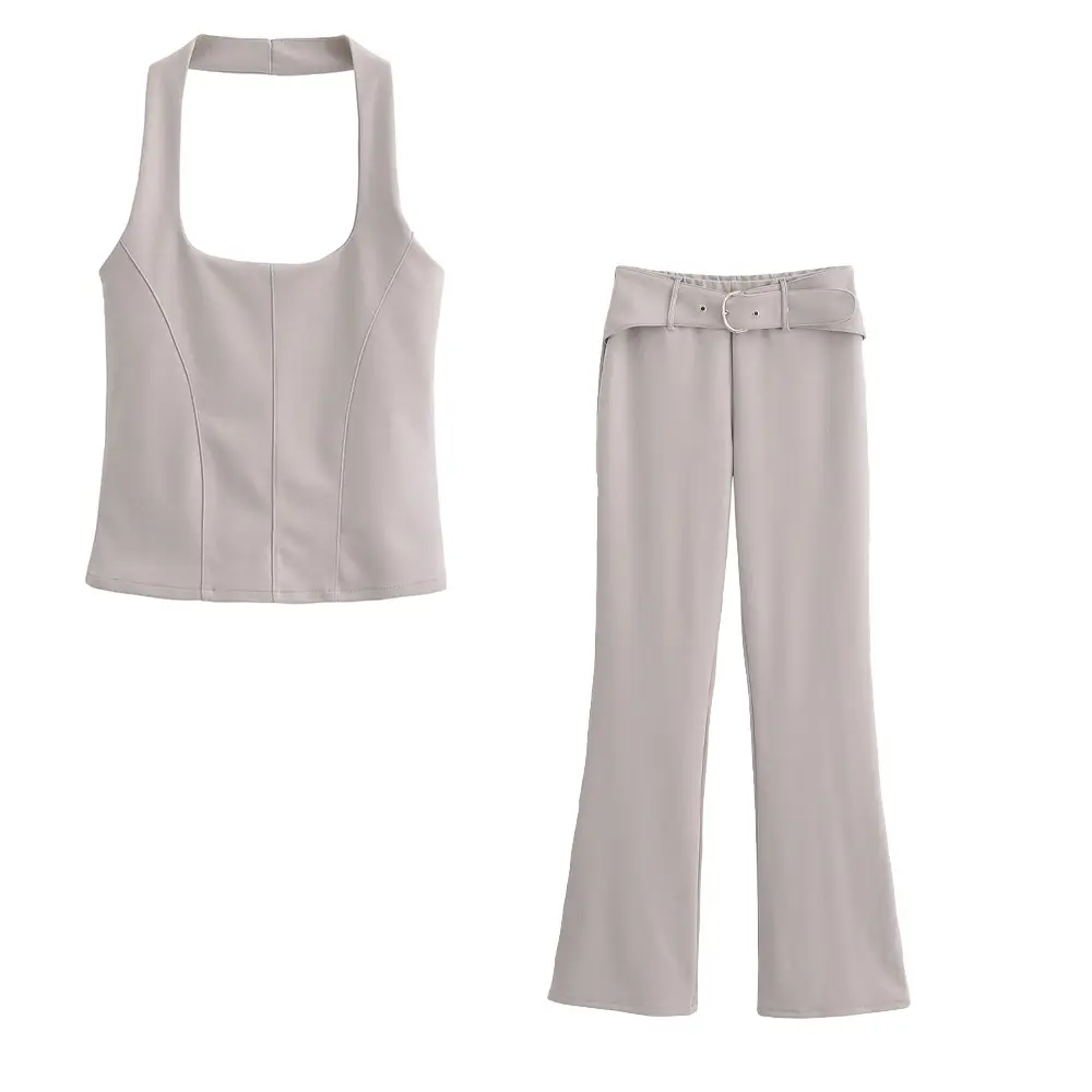 2024 Summer Women Vest Top & Trouser Set Light Grey - Image 7