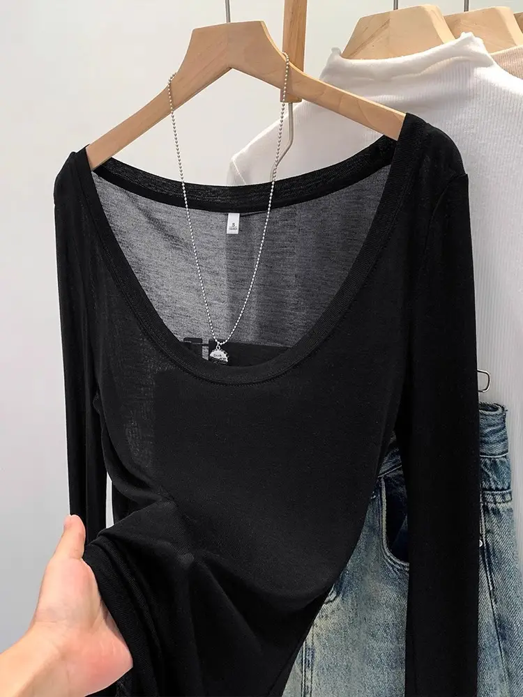 Tencel Skin-Fribottomly Thin Slightly See-Through Slim Fit Pure Lust Sexy White U-Neck Sun Protection Bottoming Blouse T-Shirt Women's Early Autumn Top