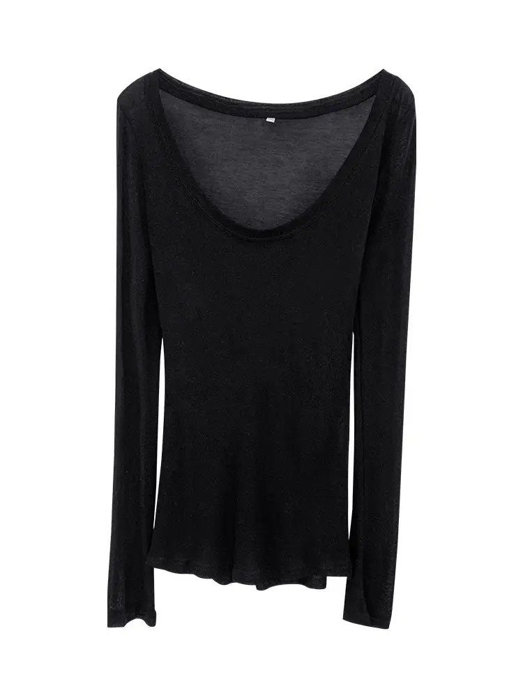 Tencel Skin-Fribottomly Thin Slightly See-Through Slim Fit Pure Lust Sexy White U-Neck Sun Protection Bottoming Blouse T-Shirt Women's Early Autumn Top