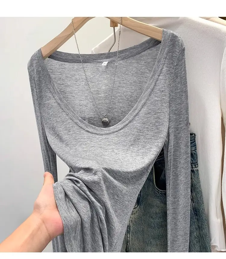 Tencel Skin-Fribottomly Thin Slightly See-Through Slim Fit Pure Lust Sexy White U-Neck Sun Protection Bottoming Blouse T-Shirt Women's Early Autumn Top — feature 10