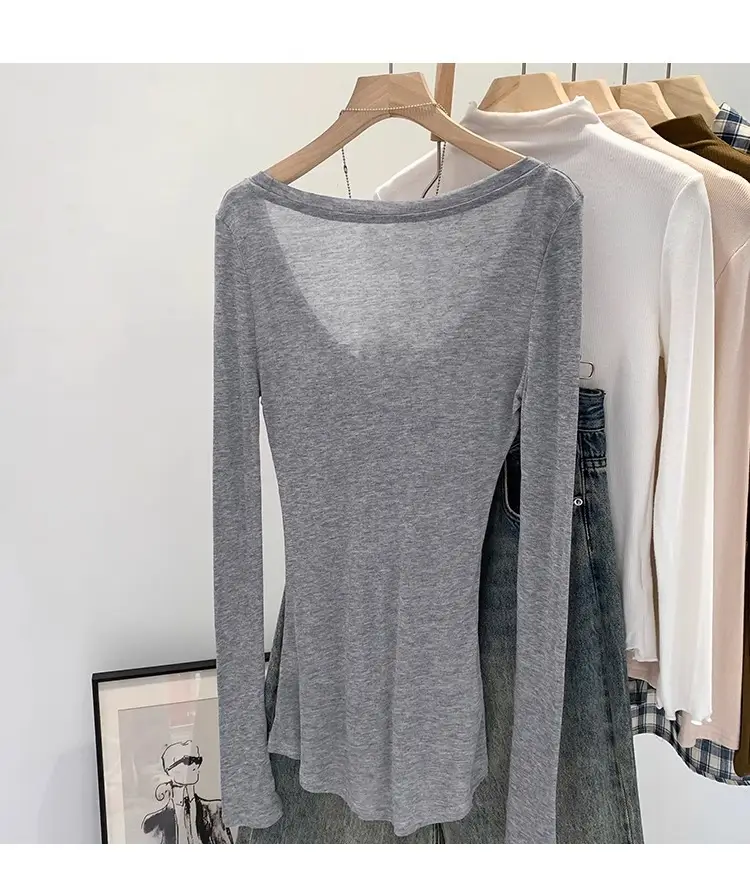 Tencel Skin-Fribottomly Thin Slightly See-Through Slim Fit Pure Lust Sexy White U-Neck Sun Protection Bottoming Blouse T-Shirt Women's Early Autumn Top — feature 11