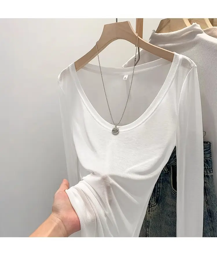 Tencel Skin-Fribottomly Thin Slightly See-Through Slim Fit Pure Lust Sexy White U-Neck Sun Protection Bottoming Blouse T-Shirt Women's Early Autumn Top — feature 18