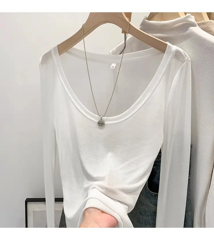 Tencel Skin-Fribottomly Thin Slightly See-Through Slim Fit Pure Lust Sexy White U-Neck Sun Protection Bottoming Blouse T-Shirt Women's Early Autumn Top — feature 19
