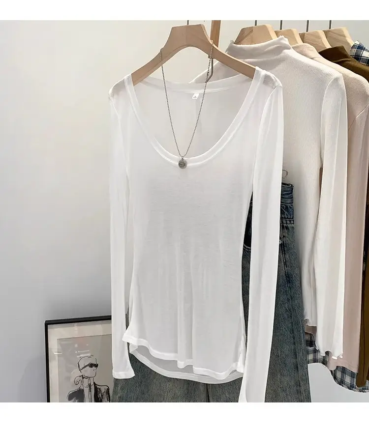 Tencel Skin-Fribottomly Thin Slightly See-Through Slim Fit Pure Lust Sexy White U-Neck Sun Protection Bottoming Blouse T-Shirt Women's Early Autumn Top — feature 20
