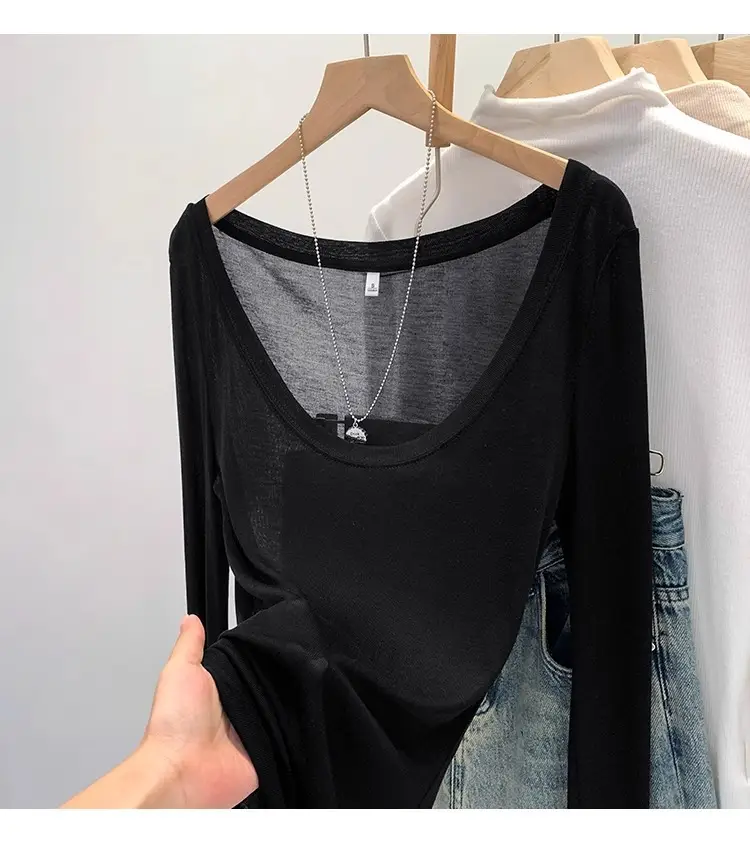 Tencel Skin-Fribottomly Thin Slightly See-Through Slim Fit Pure Lust Sexy White U-Neck Sun Protection Bottoming Blouse T-Shirt Women's Early Autumn Top — feature 21