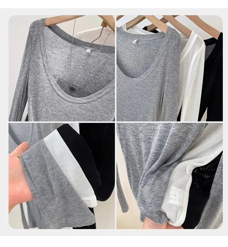 Tencel Skin-Fribottomly Thin Slightly See-Through Slim Fit Pure Lust Sexy White U-Neck Sun Protection Bottoming Blouse T-Shirt Women's Early Autumn Top — feature 9