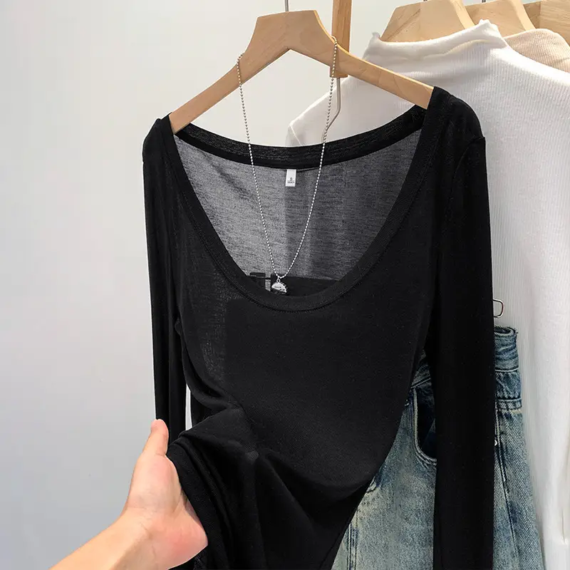 Tencel Skin-Fribottomly Thin Slightly See-Through Slim Fit Pure Lust Sexy White U-Neck Sun Protection Bottoming Blouse T-Shirt Women's Early Autumn Top