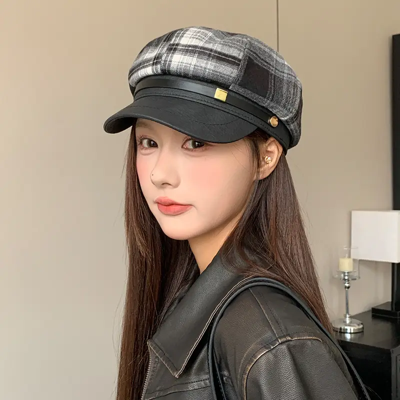 Women Plaid Duckbill Winter Beret Cap - Image 7