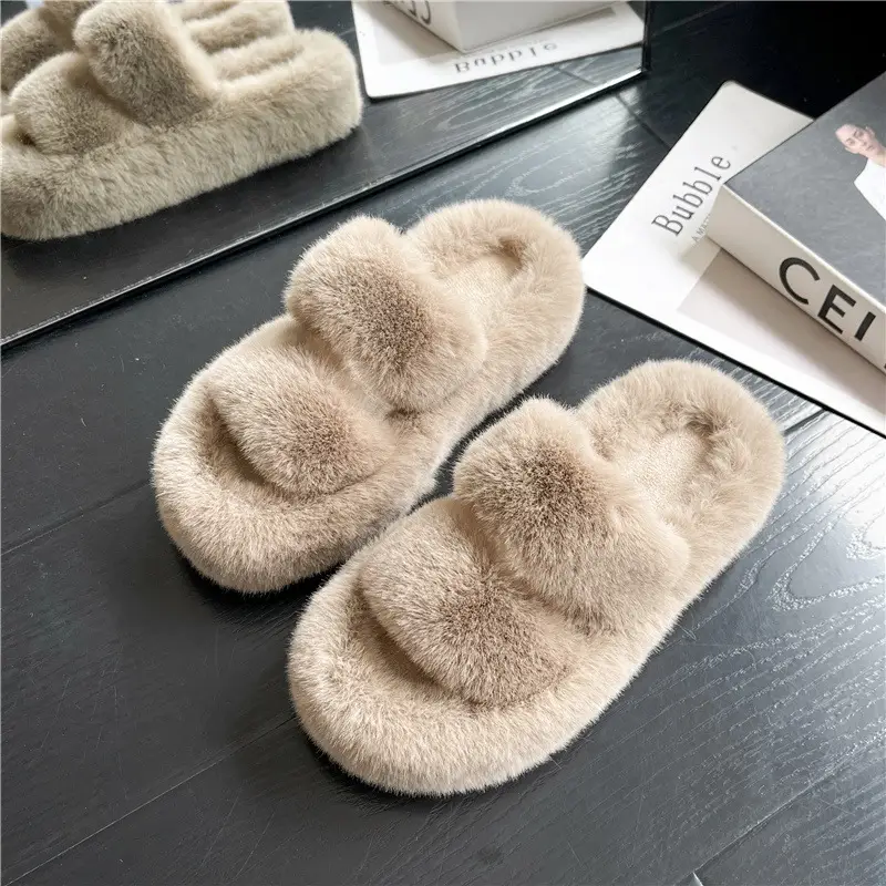 Thick-soled height-increasing fluffy slippers for women's outerwear ins home home explosion non-slip all-match autumn and winter cotton slippers