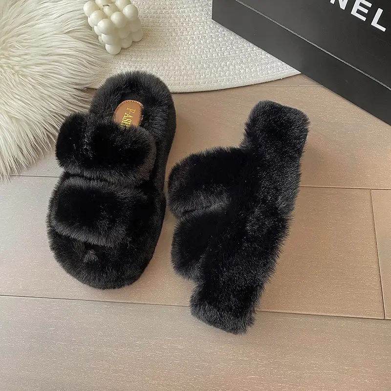Thick-soled height-increasing fluffy slippers for women's outerwear ins home home explosion non-slip all-match autumn and winter cotton slippers