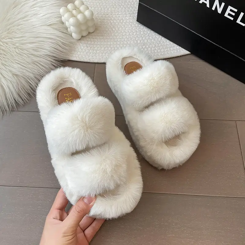 Thick-soled height-increasing fluffy slippers for women's outerwear ins home home explosion non-slip all-match autumn and winter cotton slippers