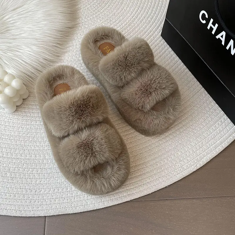 Thick-soled height-increasing fluffy slippers for women's outerwear ins home home explosion non-slip all-match autumn and winter cotton slippers
