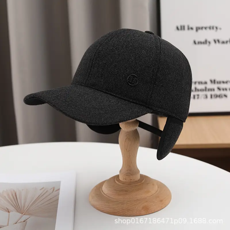 Men's Black Baseball Cap Winter Warm Ear Protection - Image 2
