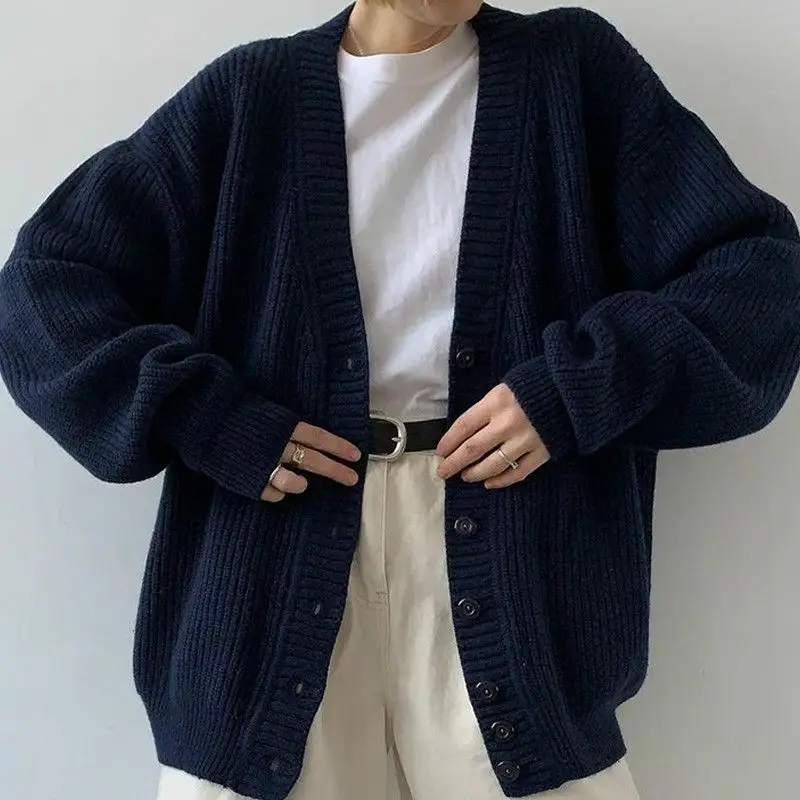 2024 Vintage Dark Blue Knitted Cardigan for Women