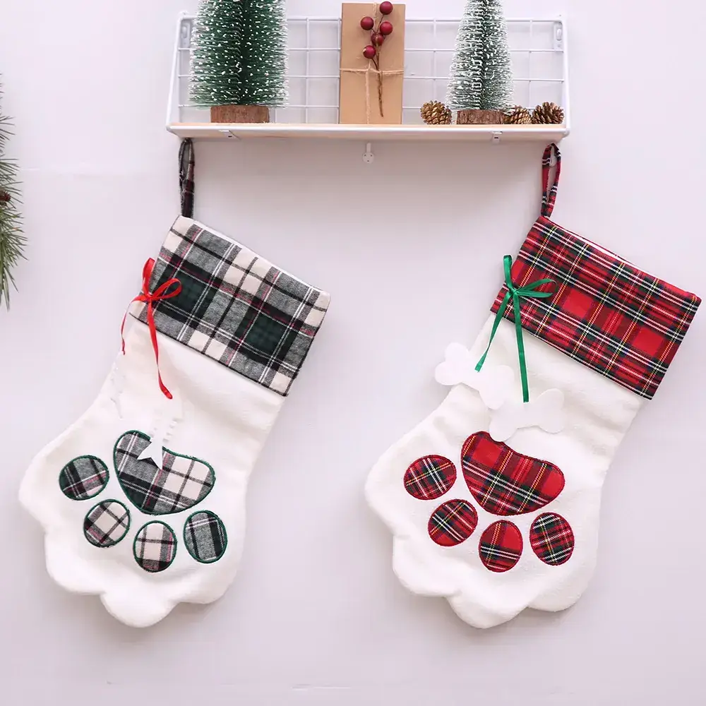 Christmas Stockings Cat Paw Design Red Plaid