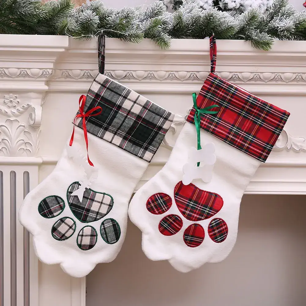 Christmas Stockings Cat Paw Design Red Plaid