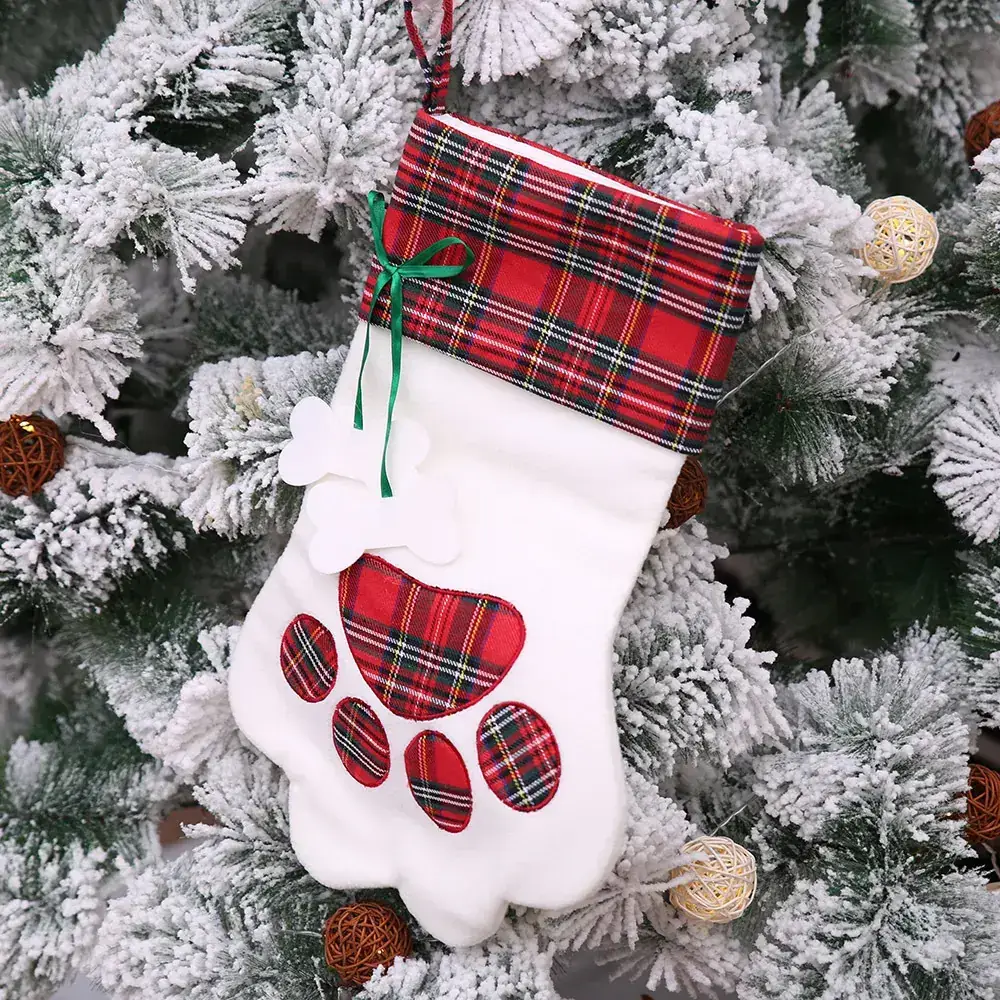 Christmas Stockings Cat Paw Design Red Plaid