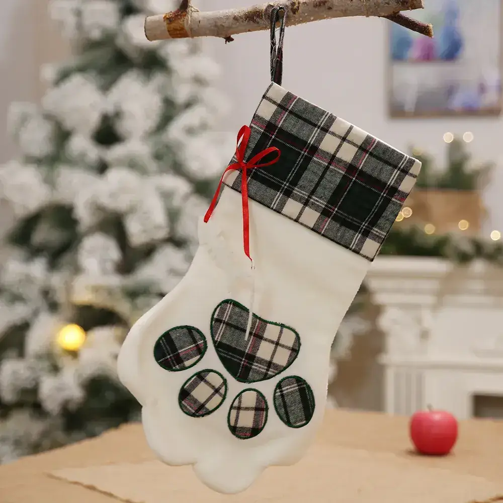 Christmas Stockings Cat Paw Design Red Plaid