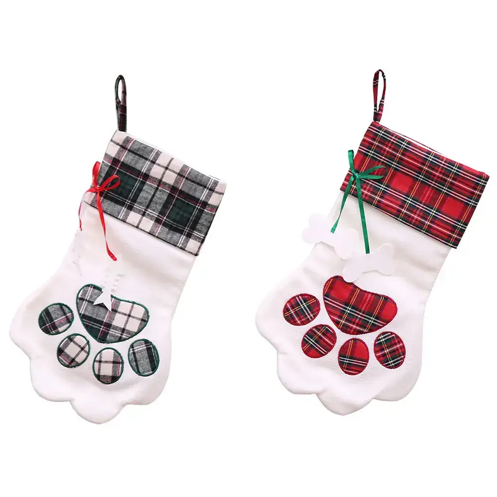 Christmas Stockings Cat Paw Design Red Plaid