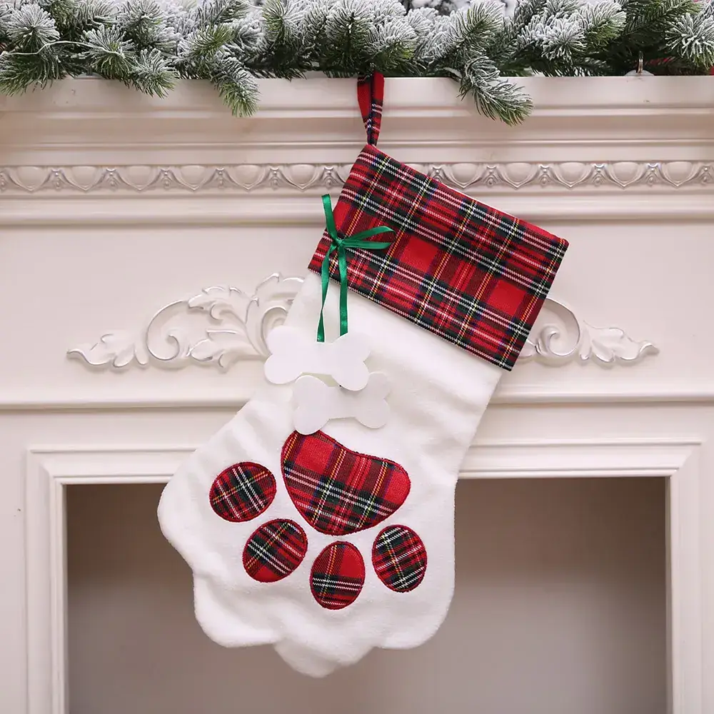 Christmas Stockings Cat Paw Design Red Plaid