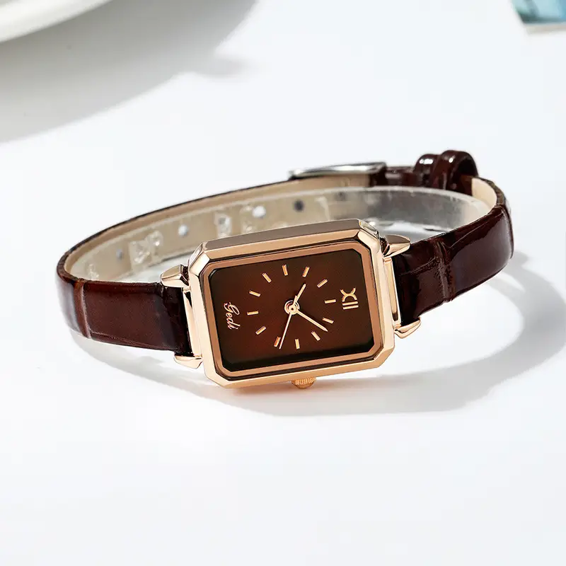 Gold Rose Gold Green Leather Square Watch for Women - Image 5