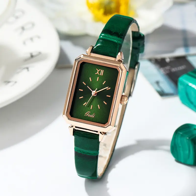 Gold Rose Gold Green Leather Square Watch for Women - Image 3