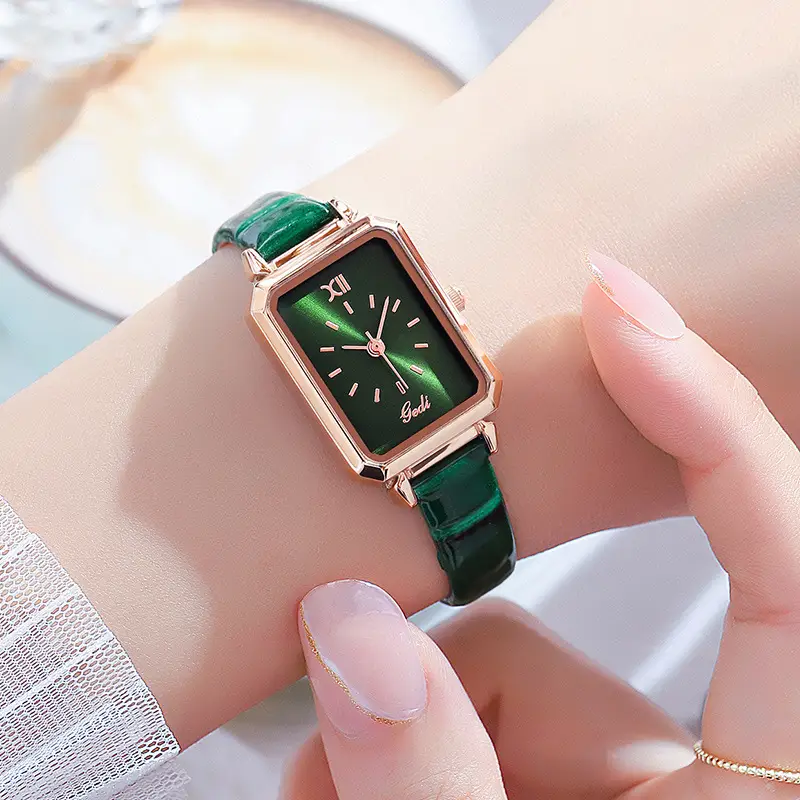Gold Rose Gold Green Leather Square Watch for Women - Image 6
