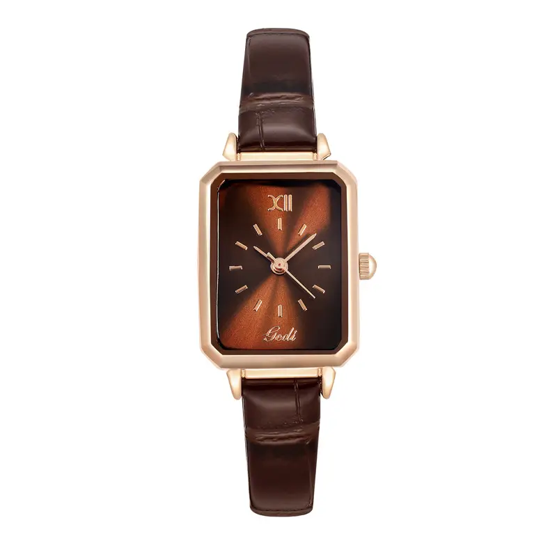 Gold Rose Gold Green Leather Square Watch for Women - Image 7