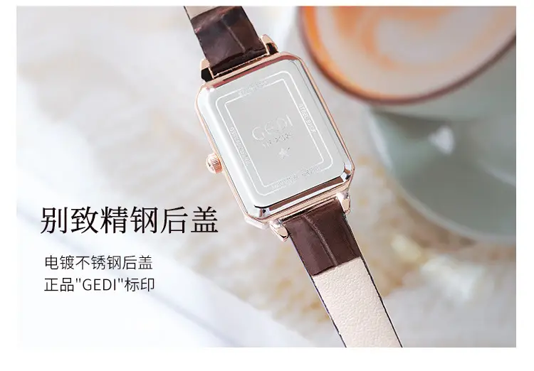 Gold Rose Gold Green Leather Square Watch for Women — feature 14