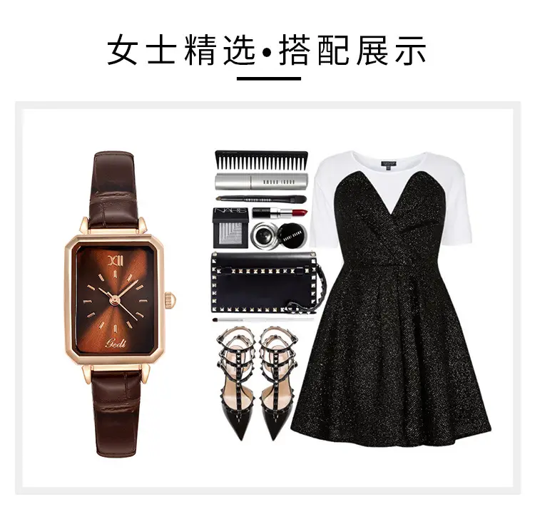 Gold Rose Gold Green Leather Square Watch for Women — feature 16