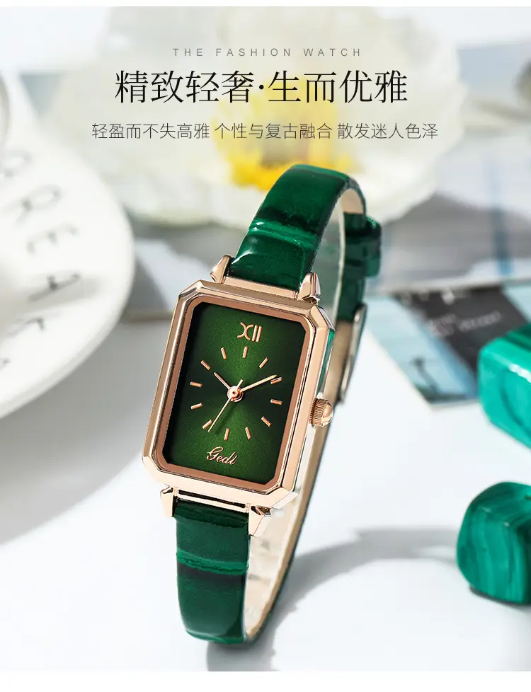 Gold Rose Gold Green Leather Square Watch for Women — feature 3