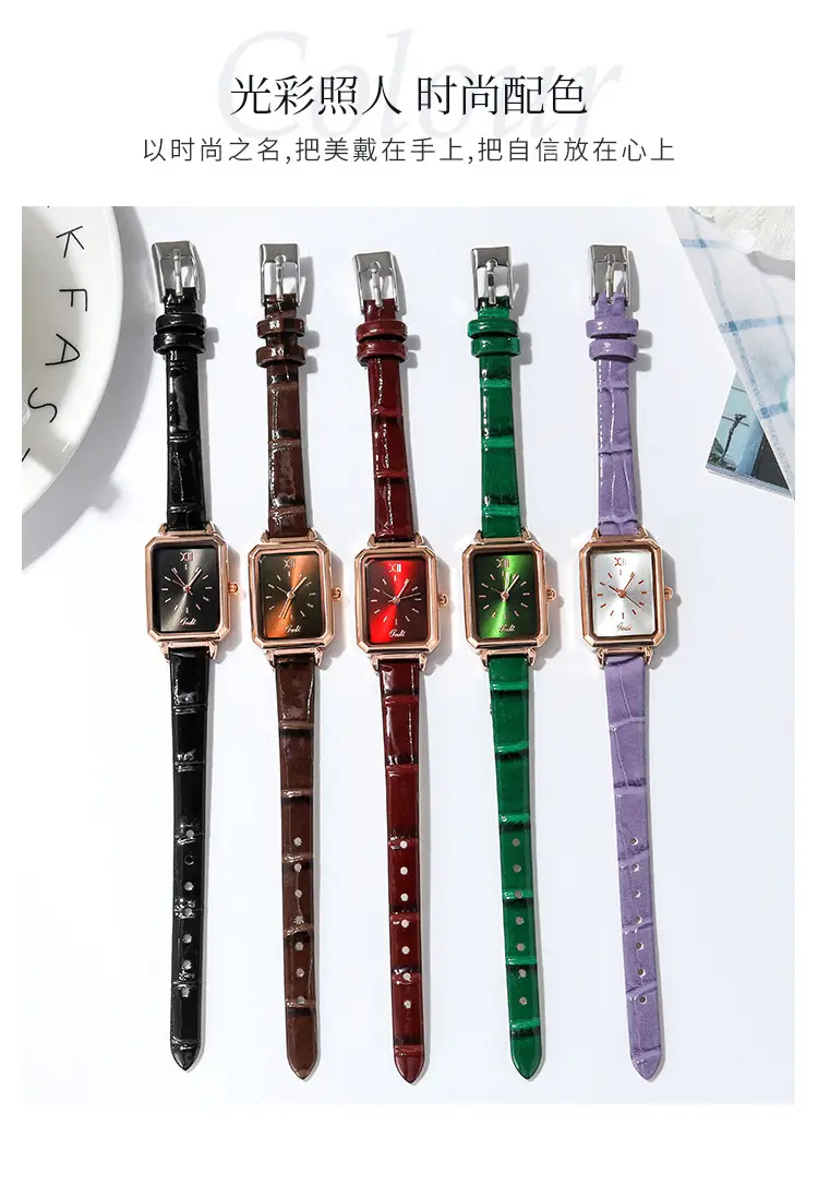 Gold Rose Gold Green Leather Square Watch for Women — feature 4