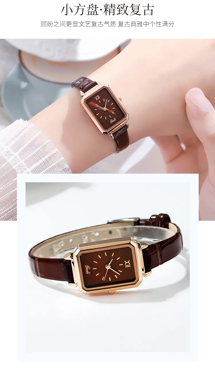 Gold Rose Gold Green Leather Square Watch for Women — feature 5