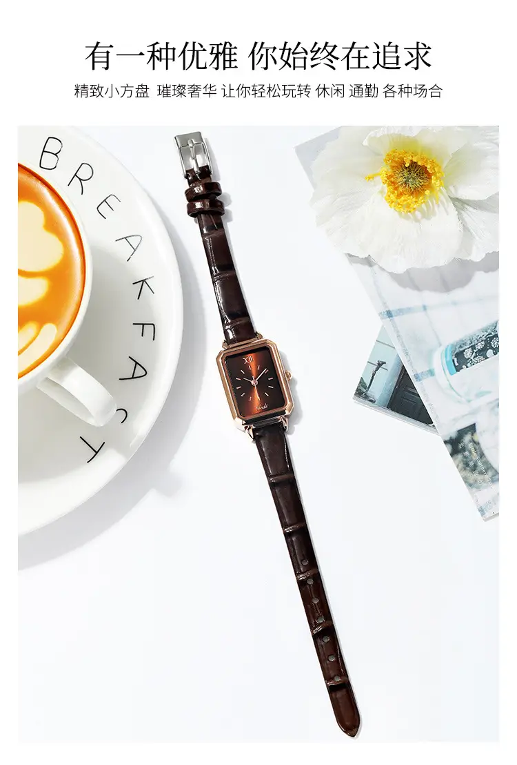 Gold Rose Gold Green Leather Square Watch for Women — feature 6