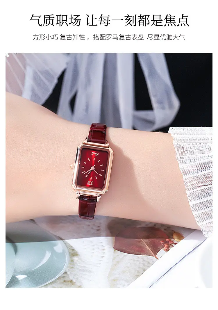 Gold Rose Gold Green Leather Square Watch for Women — feature 8