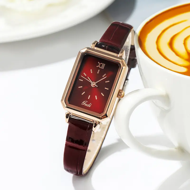 Gold Rose Gold Green Leather Square Watch for Women - Image 2
