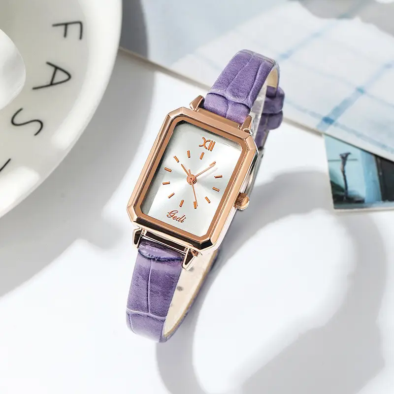 Gold Rose Gold Green Leather Square Watch for Women - Image 4