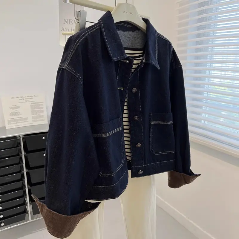 Women Denim Jacket Dark Blue 2024 Autumn Loose Fit — feature 3
