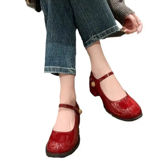 French Style One-word Buckle Belt Mary Jane Shoes for Outer Wear Thick Heel Round Toe All-match 2024 Autumn Explosions High Heel Small Leather Shoes for Women