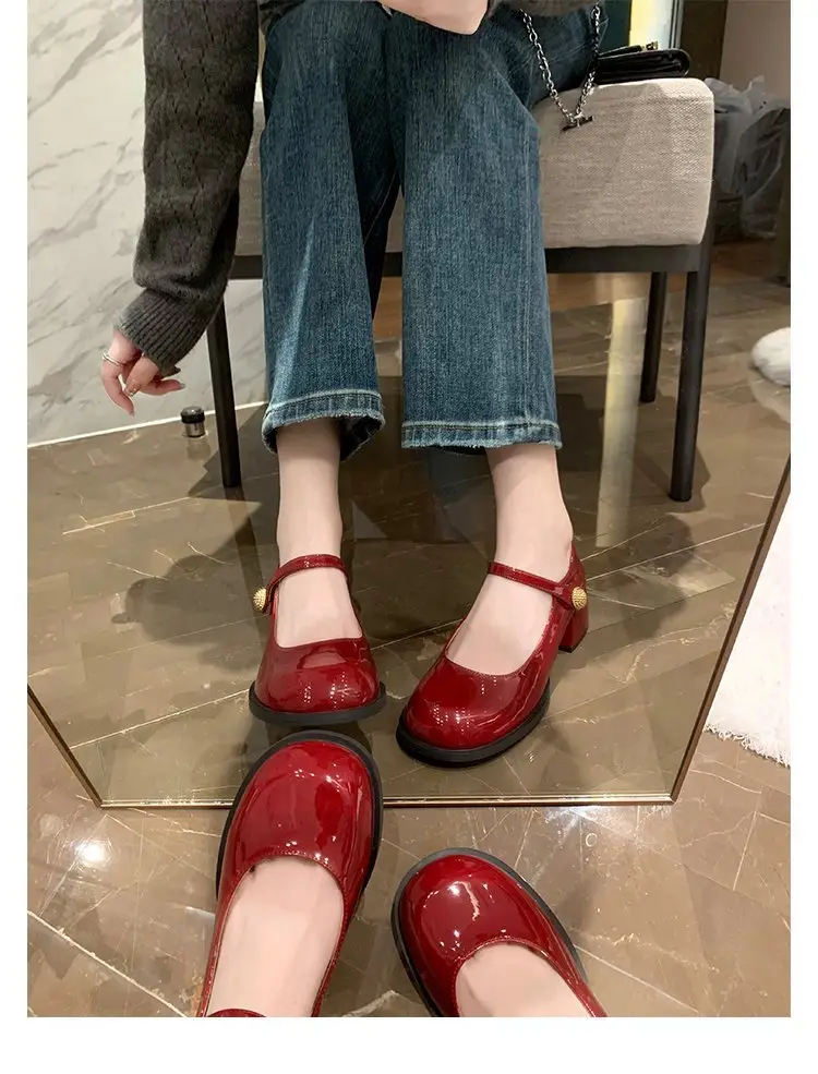 French Style One-word Buckle Belt Mary Jane Shoes for Outer Wear Thick Heel Round Toe All-match 2024 Autumn Explosions High Heel Small Leather Shoes for Women — feature 7