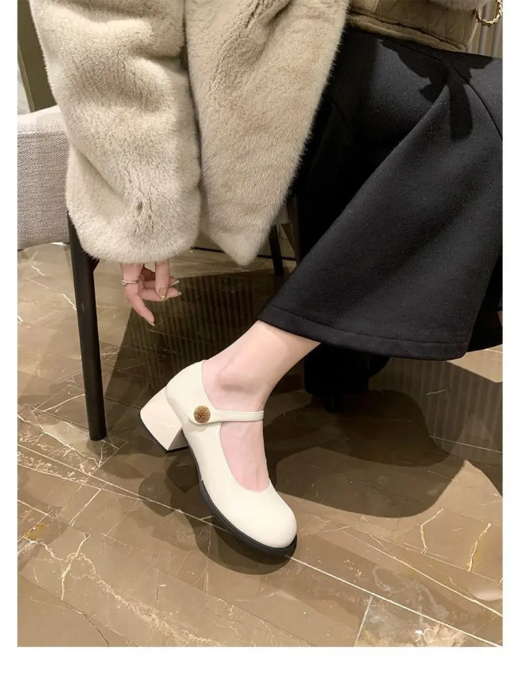 French Style One-word Buckle Belt Mary Jane Shoes for Outer Wear Thick Heel Round Toe All-match 2024 Autumn Explosions High Heel Small Leather Shoes for Women — feature 9
