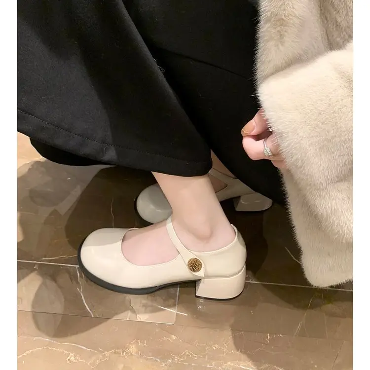 French Style One-word Buckle Belt Mary Jane Shoes for Outer Wear Thick Heel Round Toe All-match 2024 Autumn Explosions High Heel Small Leather Shoes for Women