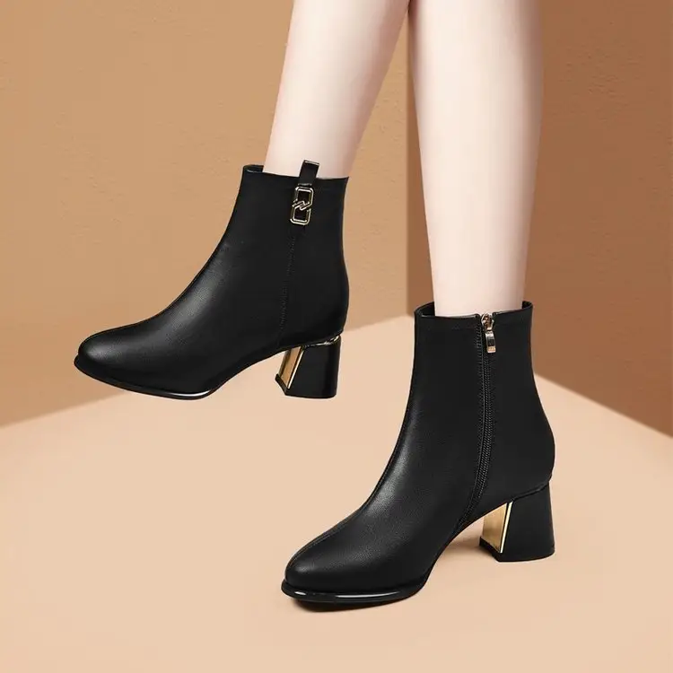 Women's White Leather Ankle Boots with High Heel Zipper Closure - Image 3
